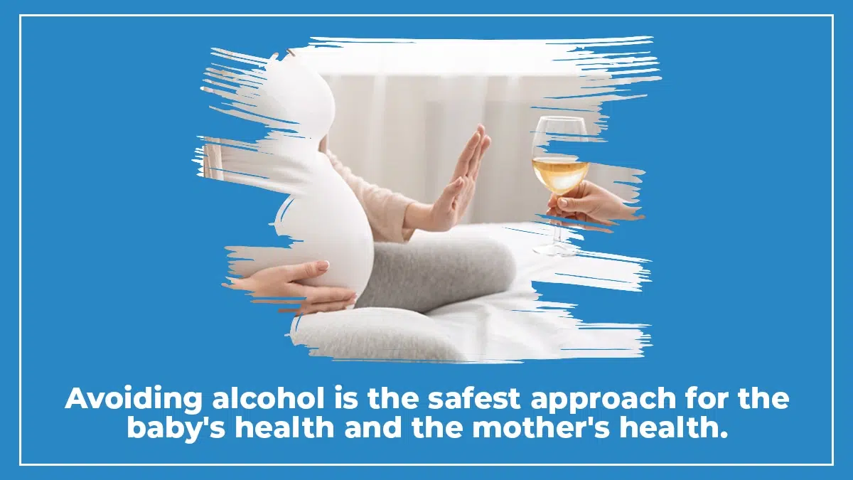 Pregnant woman holding her hand out to reject a glass of white wine. Avoiding alcohol is the safest approach for maternal and fetal health.