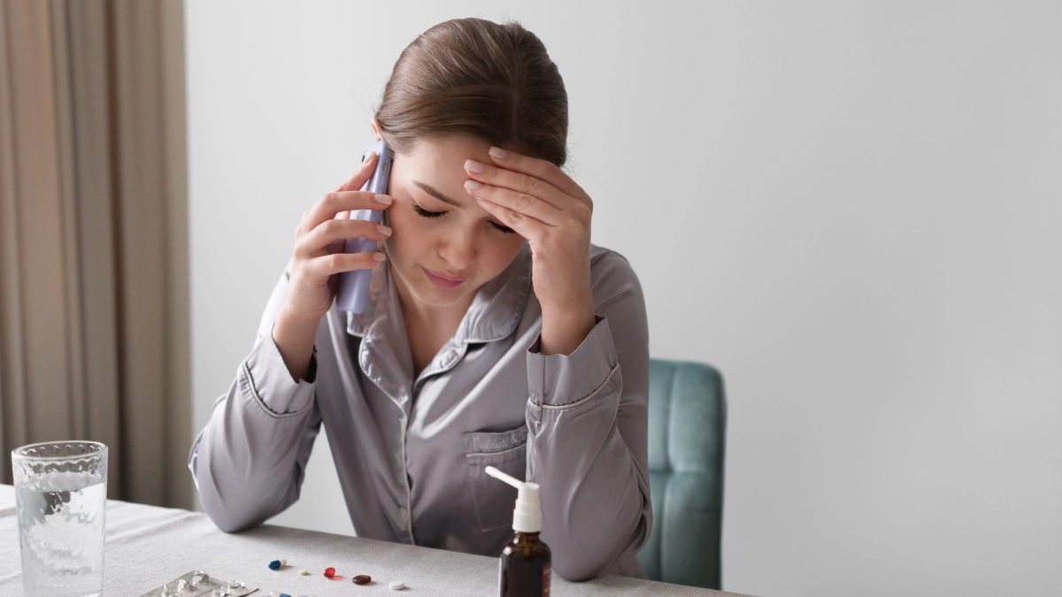 Woman on the phone surrounded by pills. Dual diagnosis treatment is essential for treating anxiety and addiction.