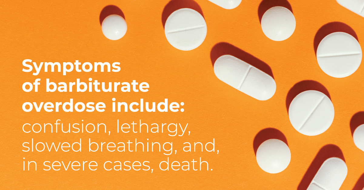 White pills scattered on an orange background. White text shares a few symptoms of barbiturate overdose, including confusion and lethargy.
