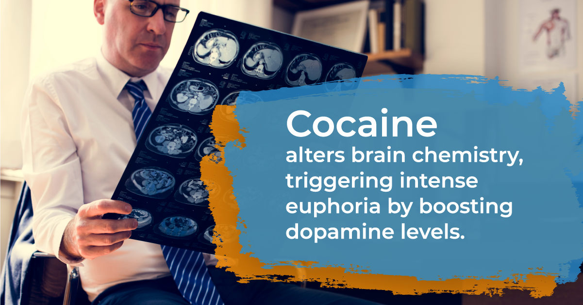 Doctor reading brain scans. Text to right explains cocaine alters brain chemistry by boosting dopamine levels.