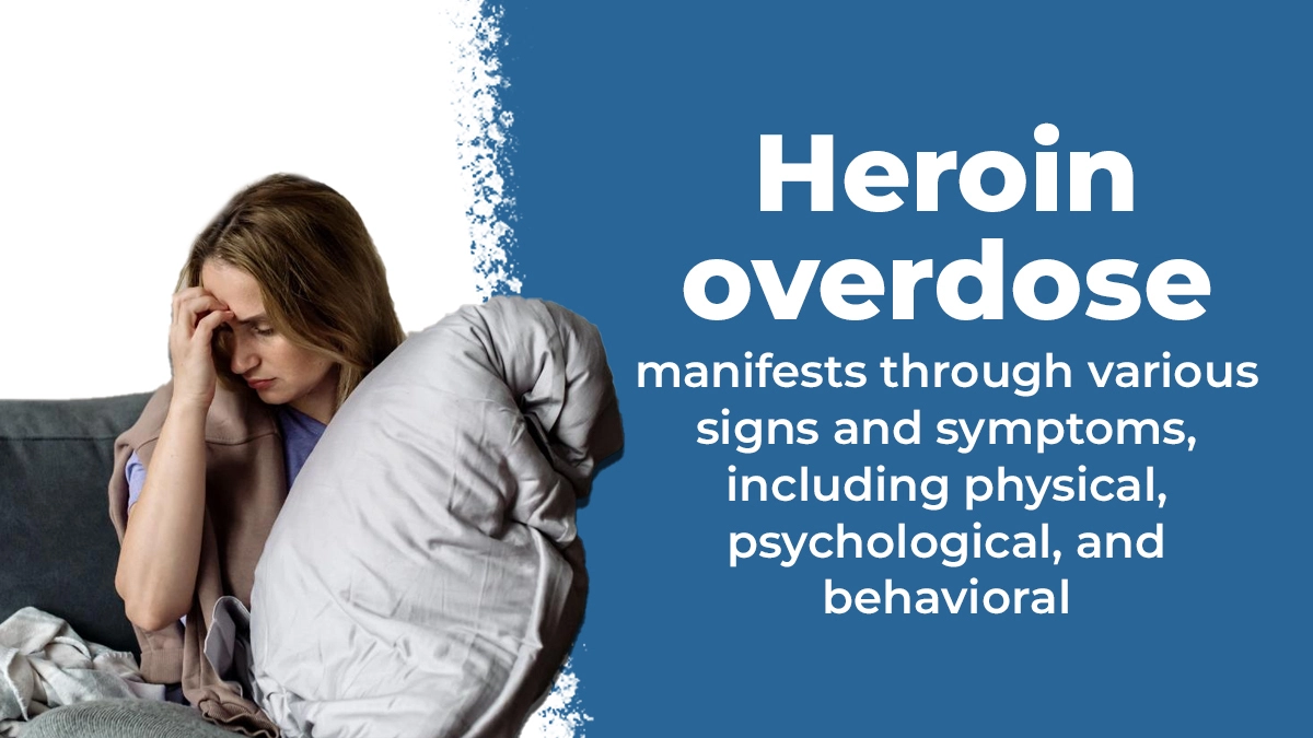 Woman sitting on a couch surrounded by laundry. Text to right explains heroin overdose symptoms are physical, mental, and emotional.