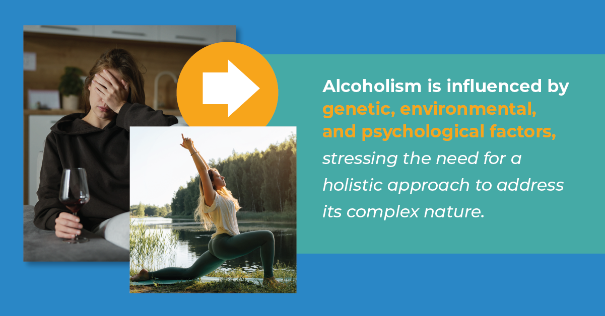Woman holding a glass of wine and her head in her hands. A woman doing yoga. Alcoholism requires a holistic approach to treatment.