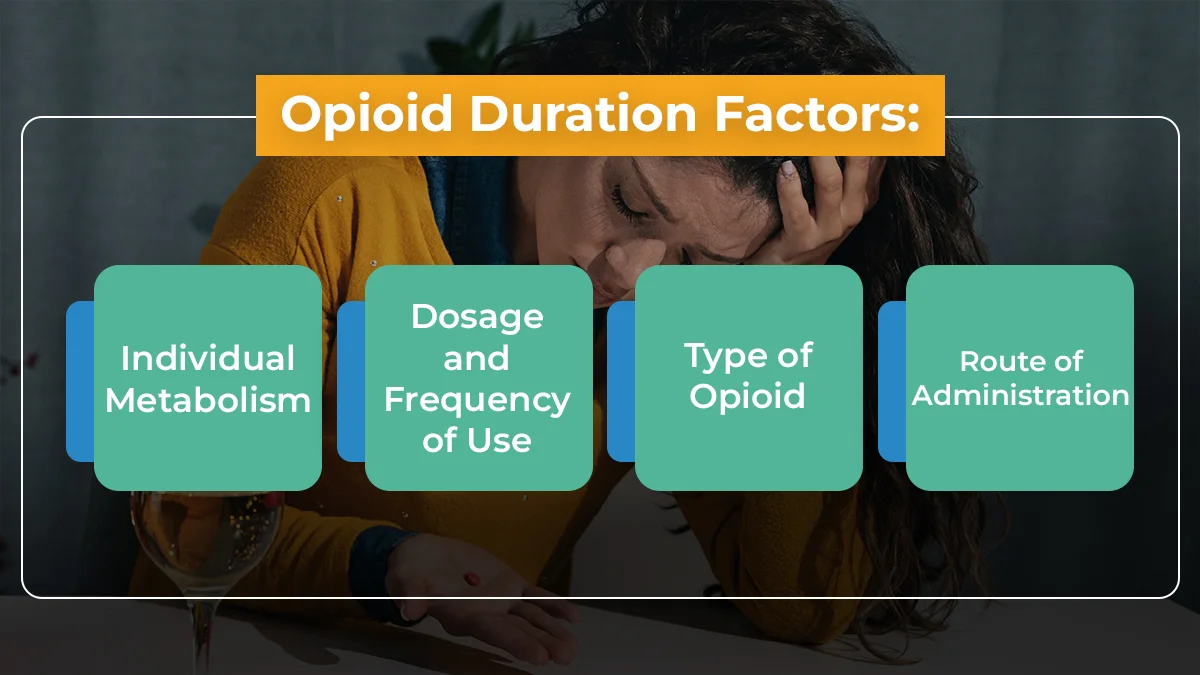 White text on a green background listing the factors influencing how long opioids stay in your system, including metabolism and dose.
