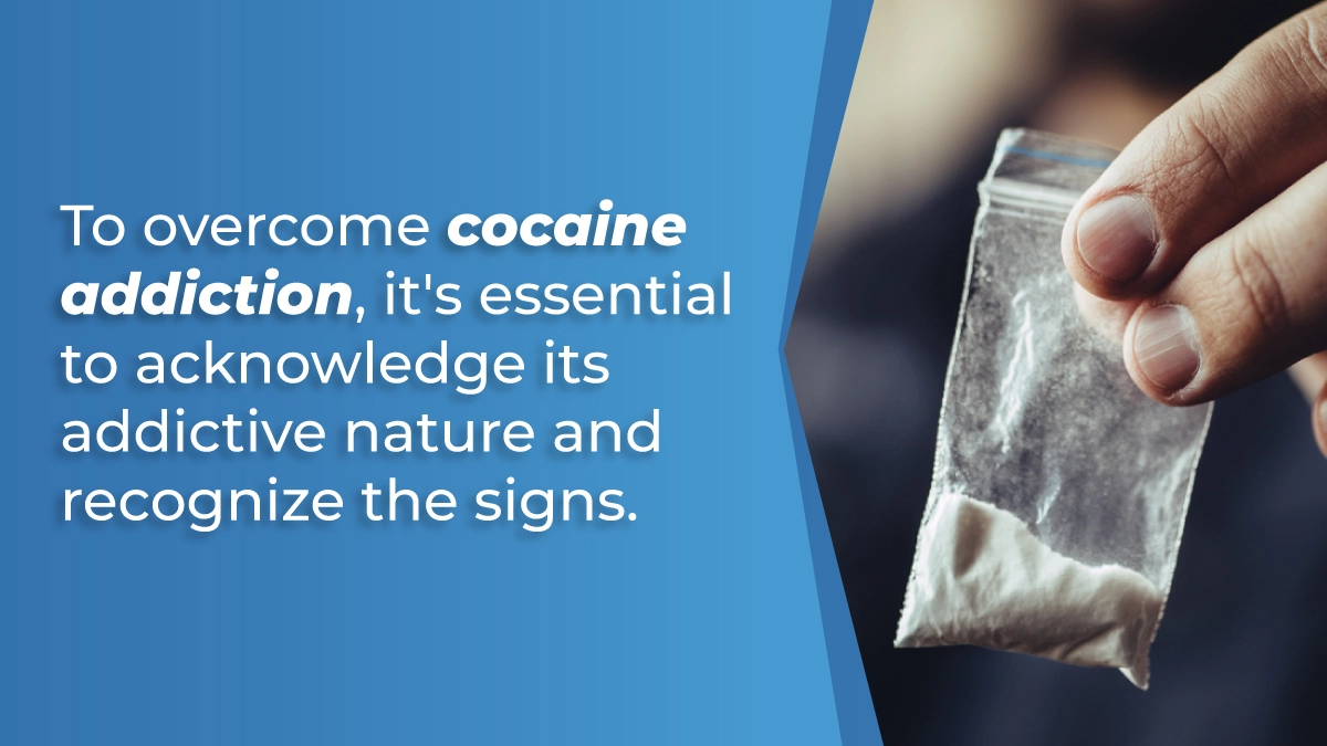 Small plastic bag of cocaine. Text to the left explains how to overcome cocaine addiction.
