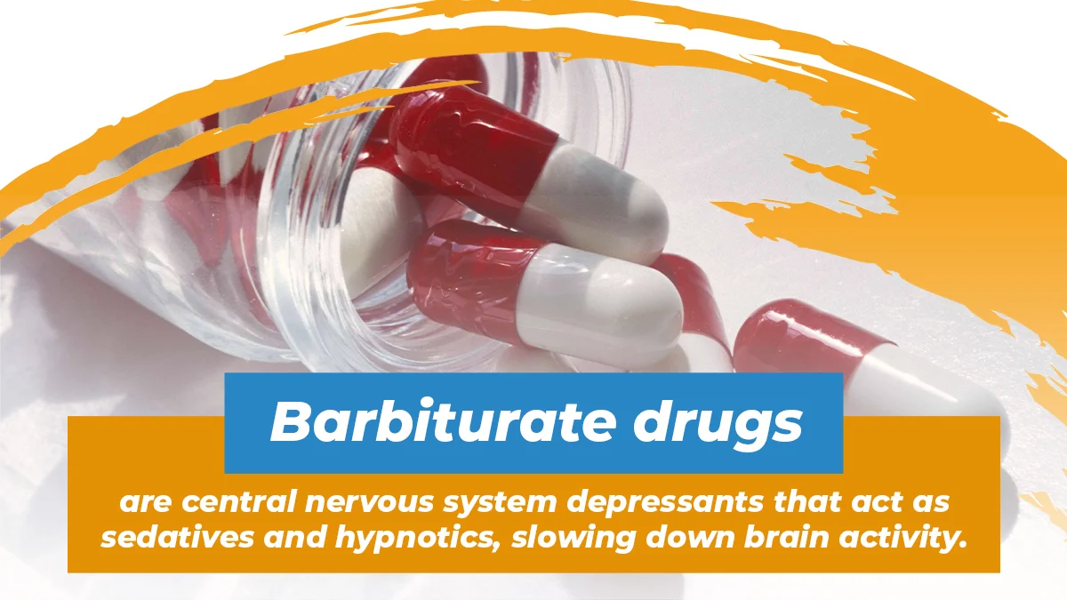 Red and white pills spilling out of a glass. White text explains barbiturate drugs are central nervous system depressants.