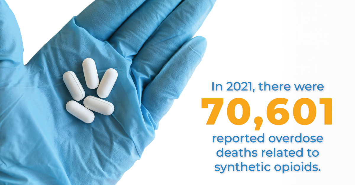 Blue gloved hand holding five white pills. Blue text explains in 2021 there were over 70,000 synthetic opioid related overdose deaths.