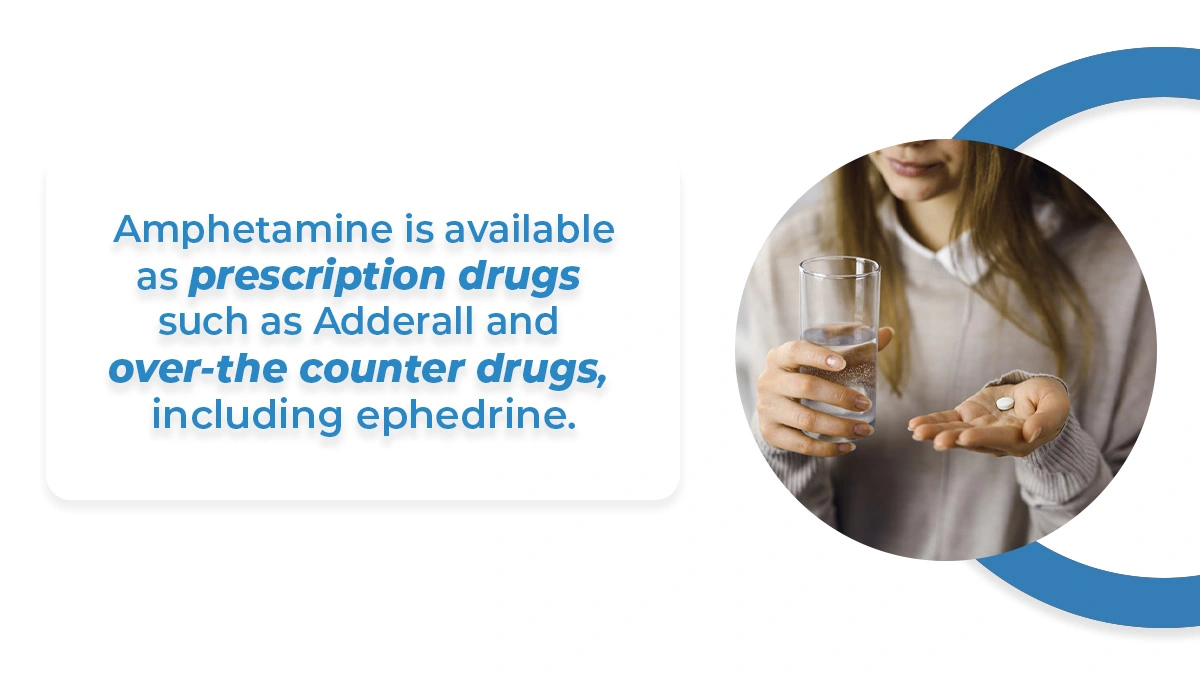 Woman holding a white pill in one hand and a glass of water in the other. Amphetamine is available in prescription drugs, like Adderall.