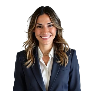 A headshot of a smiling woman with long dark hair wearing a black blazer over a white shirt.
