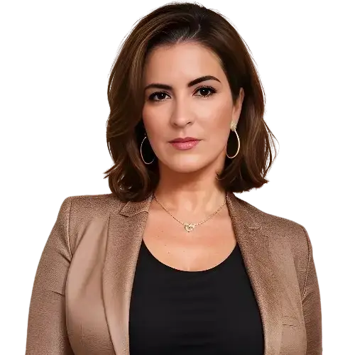 Professional headshot of a woman with shoulder-length brown hair, wearing a tan blazer over a black top, gold hoop earrings, and a neutral expression against a dark background.